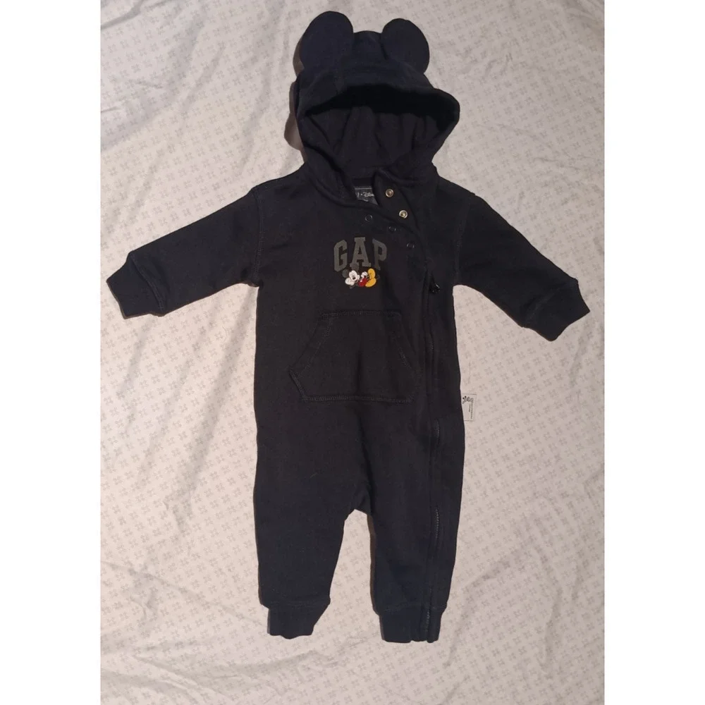 Infant Baby Gap Unisex Mickey Mouse Romper Outfit 3‑6 Months Hood w/ Ears Disney